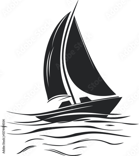Sailboat silhouette gliding on stylized waves