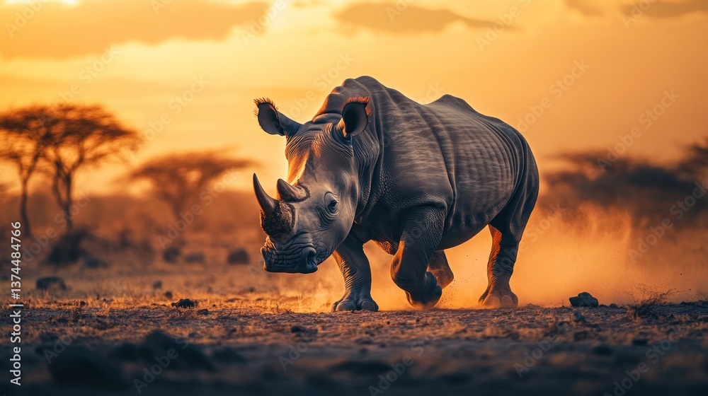 Fototapeta premium Majestic rhino strides across savanna at golden sunset