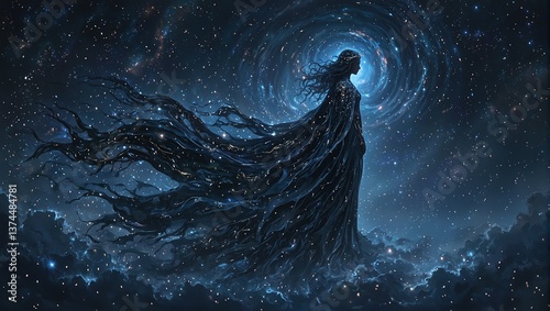Stunning depiction of Nyx goddess of night cloaked in a celestial robe amidst a cosmic backdrop Perfect for mystical designs