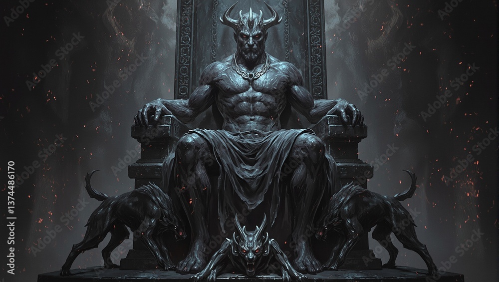 Explore the darkness with Hades on his throne Cerberus by his side in this majestic and chilling digital artwork Explore the darkness with Hades on his throne Cerberus by his side in this majestic and chilling digital artwork