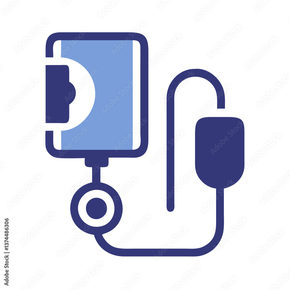 Illustration of a blood pressure monitor with a cuff and tubing on a white background in a simple and colorful design
Illustration of a blood pressure monitor with a cuff and tubing on a white background in a simple and colorful design