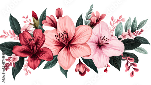 Floral arrangement with pink and red blossoms, cut out transparent