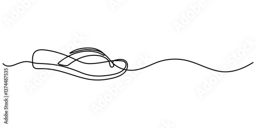 Flip flops continuous one line drawing, single line art element, minimalist sketch line vector illustration, summer travel holiday concept. Continuous one line drawing of slippers for beach. Summer. 