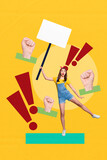 Sketch template design 3D photo collage composite of citizen human social resources placard right young lady confused stand hold banner