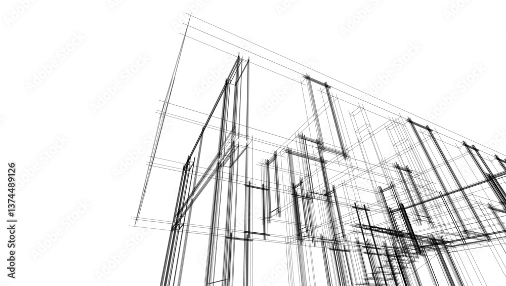 Futuristic Architectural Wireframe. Abstract Modern Building Design in Digital Sketch Style Futuristic Architectural Wireframe. Abstract Modern Building Design in Digital Sketch Style