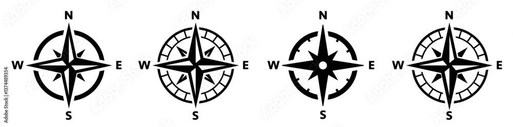 Compass icons set. Compass rose sign. Windrose symbol. Nautical wind rose icon. Vintage compass. Compasses for travel map. Navigation arrow symbols. Compass icons set. Compass rose sign. Windrose symbol. Nautical wind rose icon. Vintage compass. Compasses for travel map. Navigation arrow symbols.