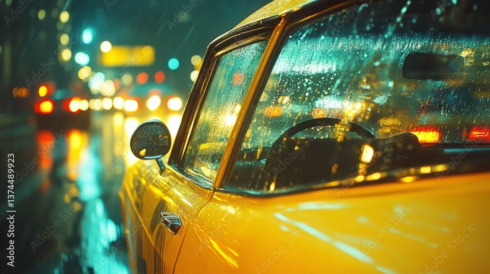 Obraz premium A close-up of a yellow taxi with a driver behind the wheel, city lights reflected in the rearview mirror 