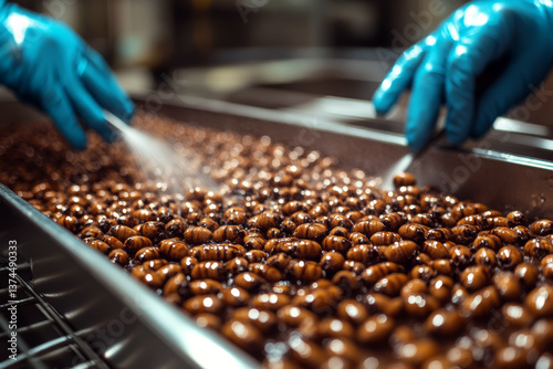 Workers processing edible insect larvae in sterile facility, washing mealworms for sustainable protein production photo