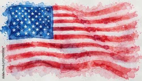  Effervescent watercolor paints blend creating a seamless flag design. A vibrant display of American pride in artistic form.