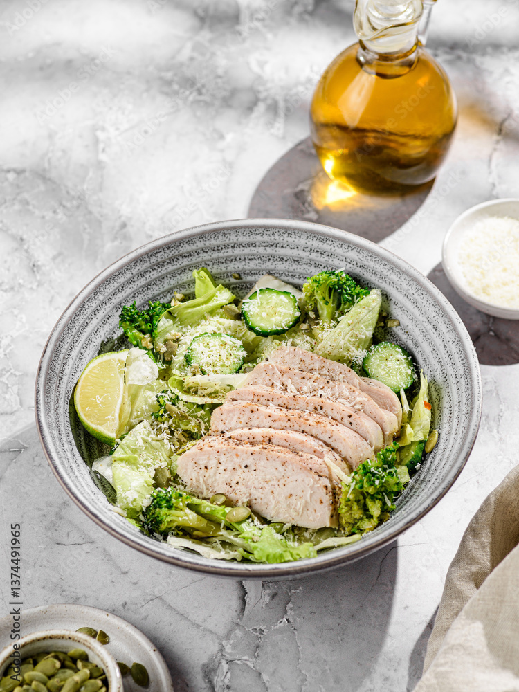 green salad with chicken, cucumber and broccoli green salad with chicken, cucumber and broccoli