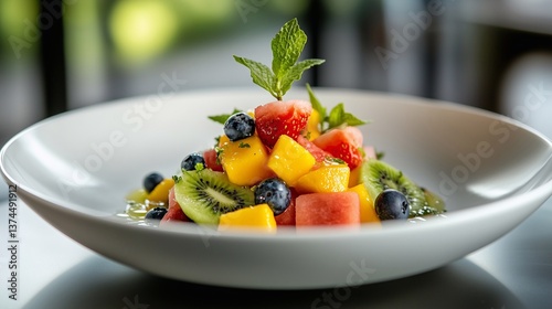 A vibrant fruit dish artfully arranged on a sleek white porcelain plate.