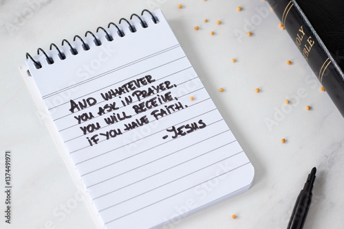 Inspirational biblical text quote for prayer and faith in God Jesus Christ with mustard seeds and holy bible book on white marble background. Christian biblical concept.