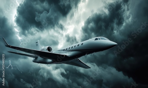 A private plane or jet flies against the backdrop of a gloomy and terrifying stormy sky with swirling dark clouds, an epic panorama with the plane and sky, generated by AI