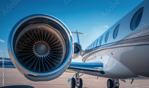 A luxurious private plane or jet on the runway, close-up shot of part of the aircraft's fuselage with engines, an epic photo of the vehicle, AI generated