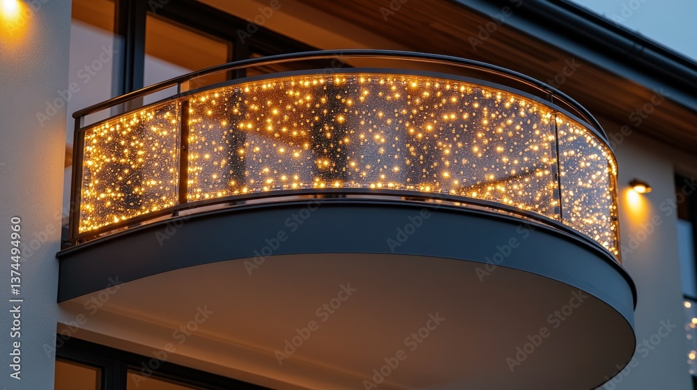 Fototapeta premium Curved balcony with illuminated decorative glass panel