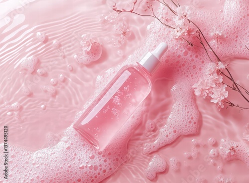 rose water bottle floating with pink flowers, ripples on pastel background, top-down view