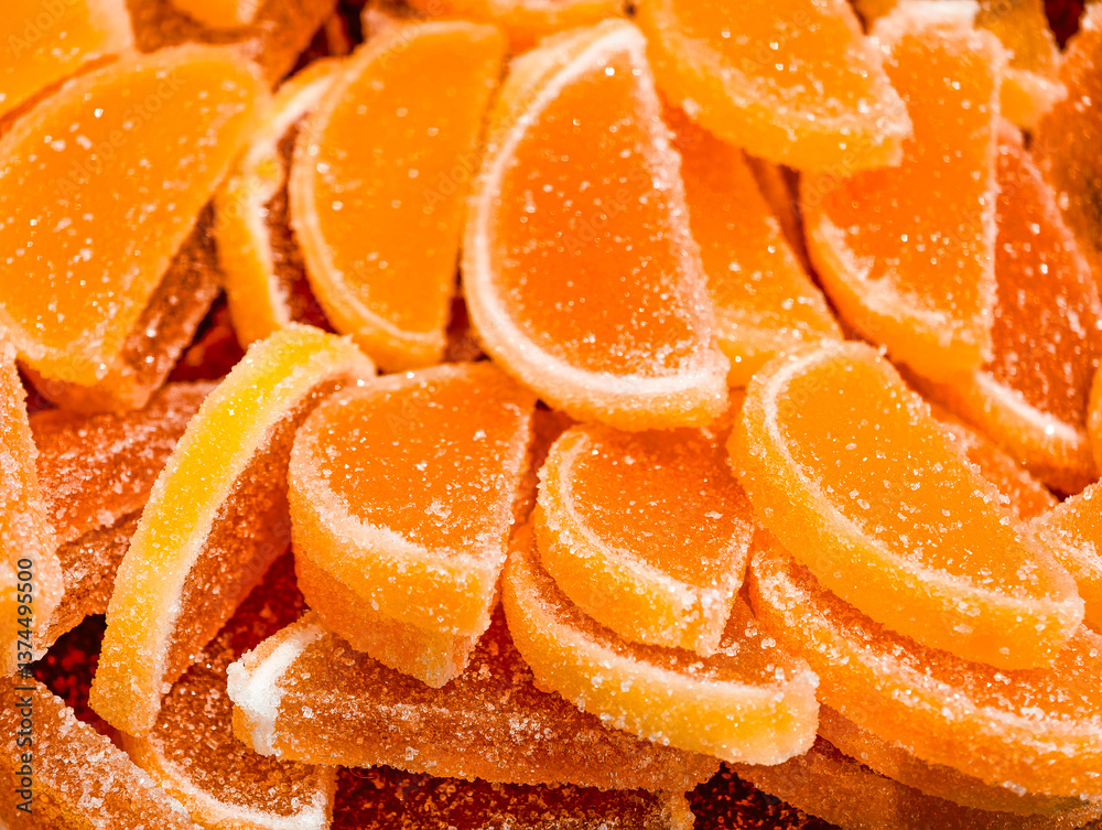 Orange Confection Collection. Macro Photography of Sugar-Dusted Fruit Slice Jellies. Premium Party Treats in Crystalline Detail Orange Confection Collection. Macro Photography of Sugar-Dusted Fruit Slice Jellies. Premium Party Treats in Crystalline Detail