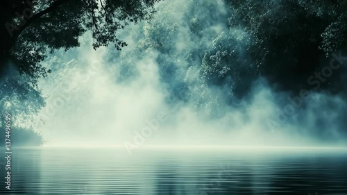 Misty dawn over calm water in a serene natural environment with trees and fog enveloping the landscape