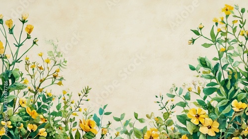 Fototapeta Naklejka Na Ścianę i Meble -  Hand painted watercolor spring background featuring yellow wildflowers and green leaves on beige
