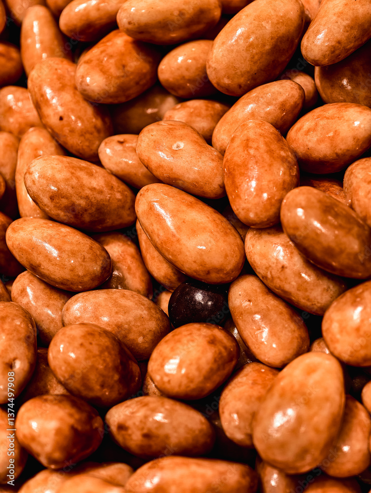 Glazed Caramel Almonds. Macro Photography of Glossy Candied Nuts. Gourmet Party Snacks and Festive Confectionery Treats in Rich Brown Detail