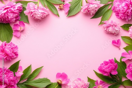 A beautiful arrangement of pink peonies and green leaves creates a vibrant floral border on a soft pink background.