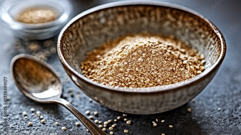 Psyllium powder in a rustic bowl on a dark surface Psyllium powder in a rustic bowl on a dark surface
