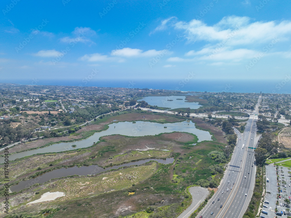 Aerial view of the valley of Oceanside with road and ocean in San Diego, California. USA.
