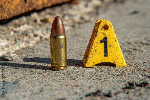 Crime scene. Evidence as bullet on the ground. Yellow evidence marker with number 1 on it. Close-up