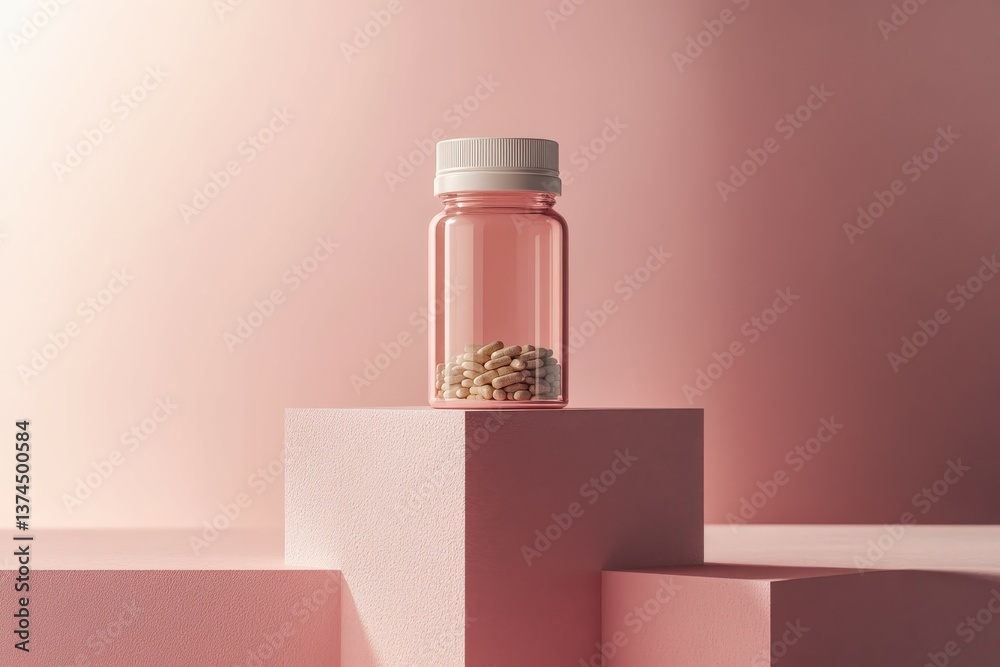 Psyllium capsules in a clear container on pink blocks