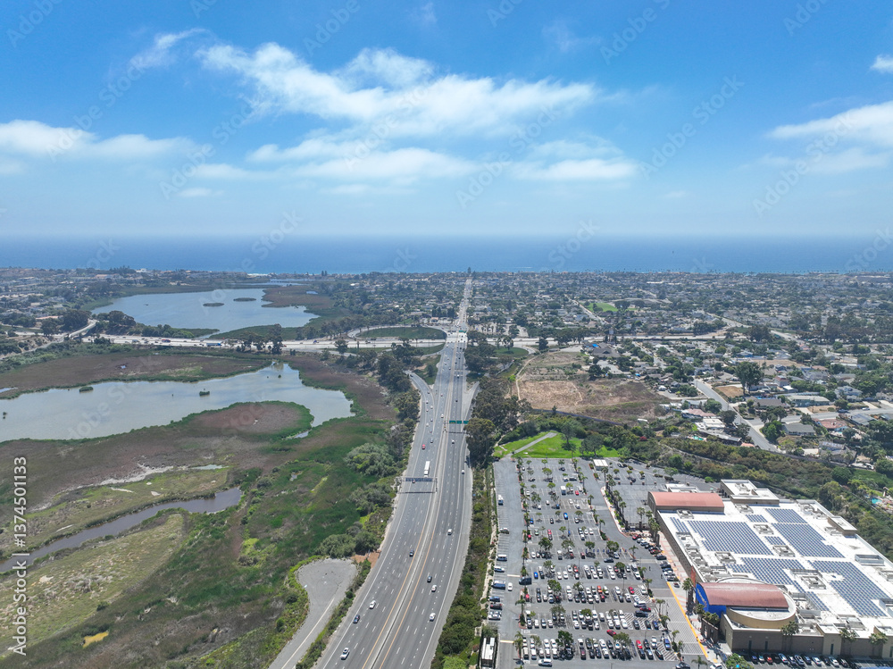 Aerial view of the valley of Oceanside with road and ocean in San Diego, California. USA.