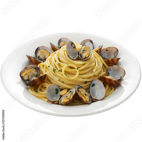 Linguine alle Vongole featuring clams, displayed on a white background.  