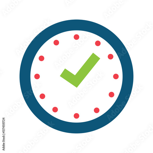 Flat Vector Icon of a Clock with a Green Check Mark Indicating Time Management, Punctuality, and Task Completion on Schedule