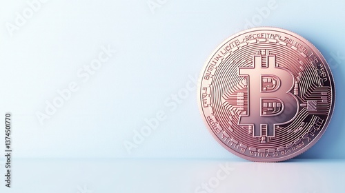 Bitcoin cryptocurrency coin standing on a smooth blue background