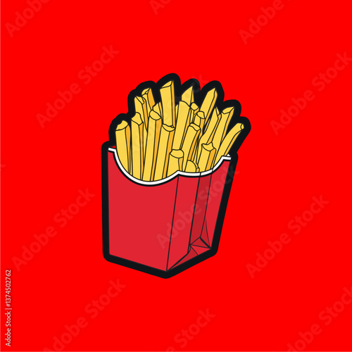 Vector Illustration of Golden and Crispy French Fries in a Red Paper Package