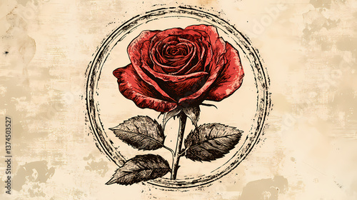 Fototapeta Naklejka Na Ścianę i Meble -  Vintage style red rose illustration is enclosed within distressed circular stamp design. Timeless Engraving. Illustration
