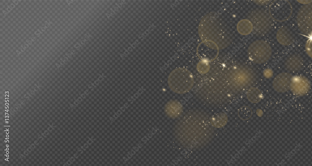 Fototapeta premium Magical golden wind festive isolated on transparent background. comet with sparkling stars . Powder dust light . Magical shining gold dust. Small shiny dust particles bokeh dust particles. PNG