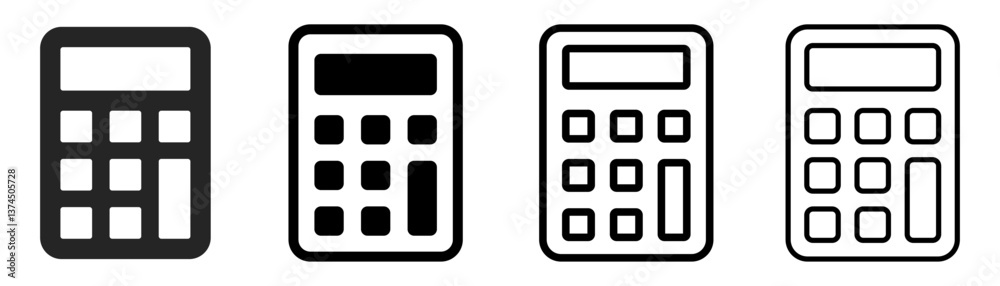 Calculator icon in different style. Calculator in filled, thin line, outline and stroke style. Calculation symbol Calculator icon in different style. Calculator in filled, thin line, outline and stroke style. Calculation symbol