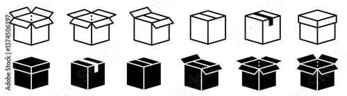 Box icons set.Shipping, delivery box or container icons. Carton box simple icon collection. Delivery symbol Empty open shipping box or unboxing line art