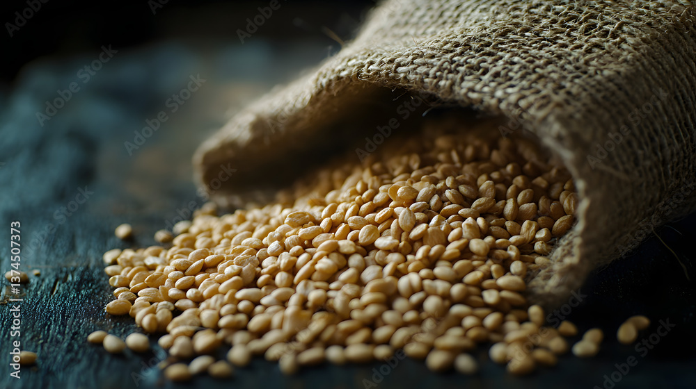 Obraz premium A close-up of spelt grains spilling from a burlap sack onto a dark wooden table, with natural lighting illuminating the texture and color.