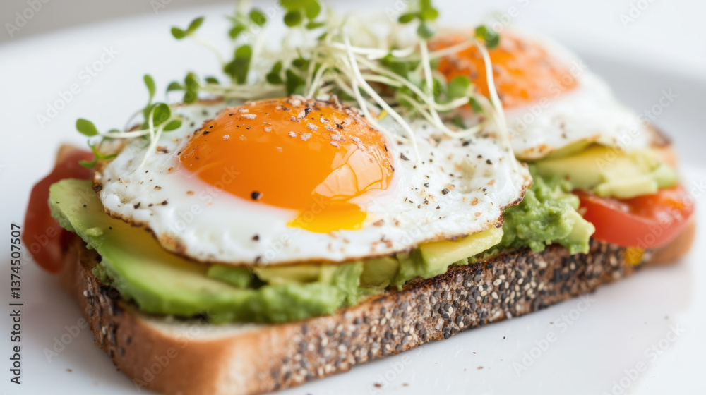 open faced sandwich with avocado, poached eggs, and microgreens on whole grain bread, garnished with black pepper and served on white plate open faced sandwich with avocado, poached eggs, and microgreens on whole grain bread, garnished with black pepper and served on white plate