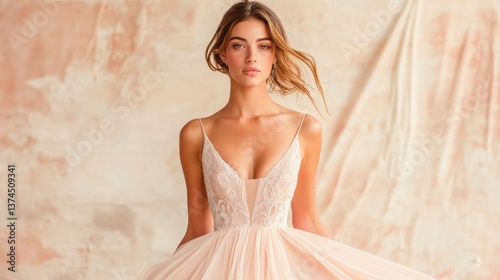 graceful woman poses in elegant evening dress against muted backdrop ample copy space surrounds her