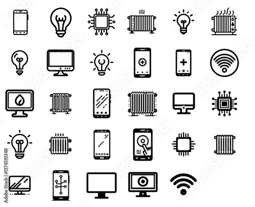smart home technology and devices icon set in modern linear style with electronics, heating, lighting and connectivity elements on transparent background	