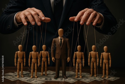 Puppet Master: A metaphorical representation of control and influence, with a person's hands manipulating puppets. The puppets, arranged on a bed of money, symbolize individuals under control.