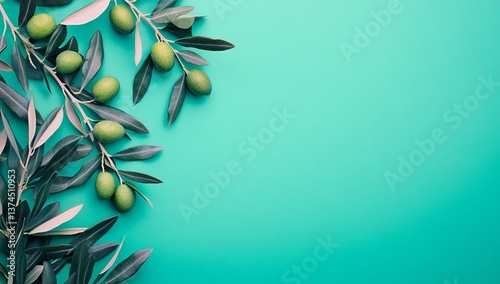 Fresh green olives on the branch with vibrant teal background.  Perfect for healthy food, beauty, or nature concepts.