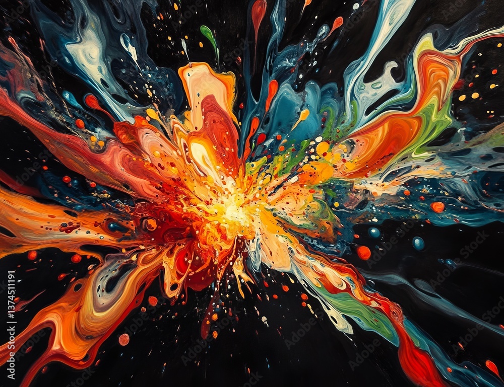 Explosive Burst of Colors: A Vibrant Abstract Painting Displaying Artistic Expression through a Dynamic Splatters of Colors