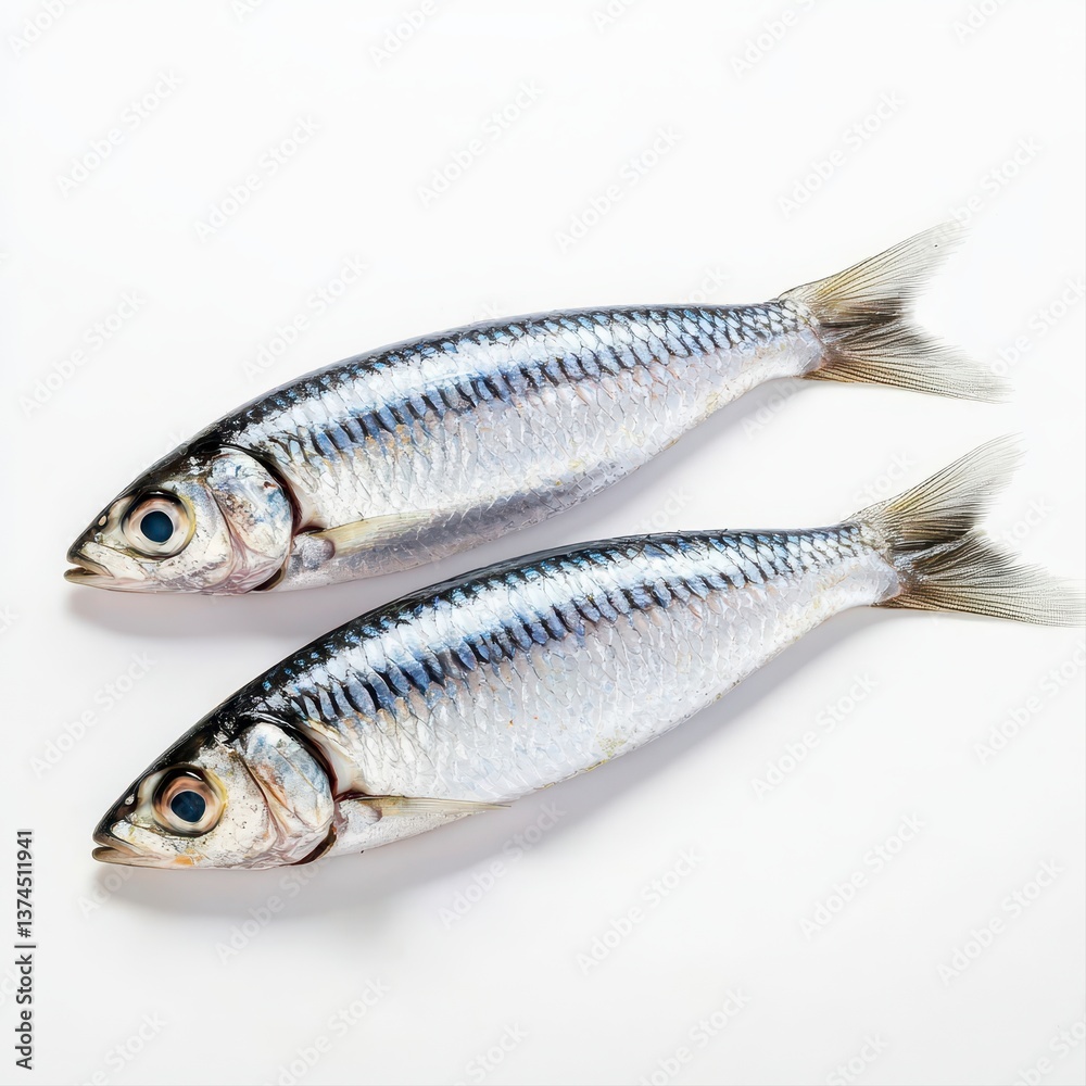 Two sardine fish isolated on a clean white background capturing their silvery skin and streamlined shape in detail Two sardine fish isolated on a clean white background capturing their silvery skin and streamlined shape in detail