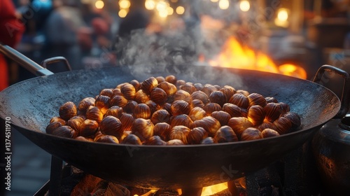 Roasted chestnuts in a large pan over an open fire