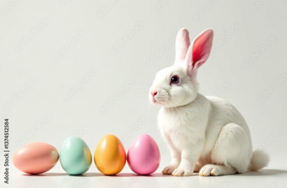 Easter bunny on a monochrome background, looking at the camera. There are beautiful painted Easter eggs next to it. A copy of the space for the text and caption. A greeting card, a wish. Easter bunny on a monochrome background, looking at the camera. There are beautiful painted Easter eggs next to it. A copy of the space for the text and caption. A greeting card, a wish.