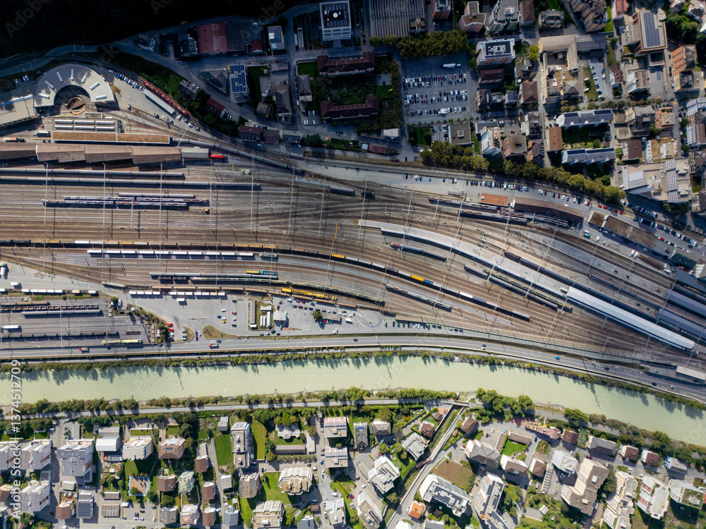 © ADDICTIVE STOCK - Aerial view of Brig Switzerland railway station and surroundings