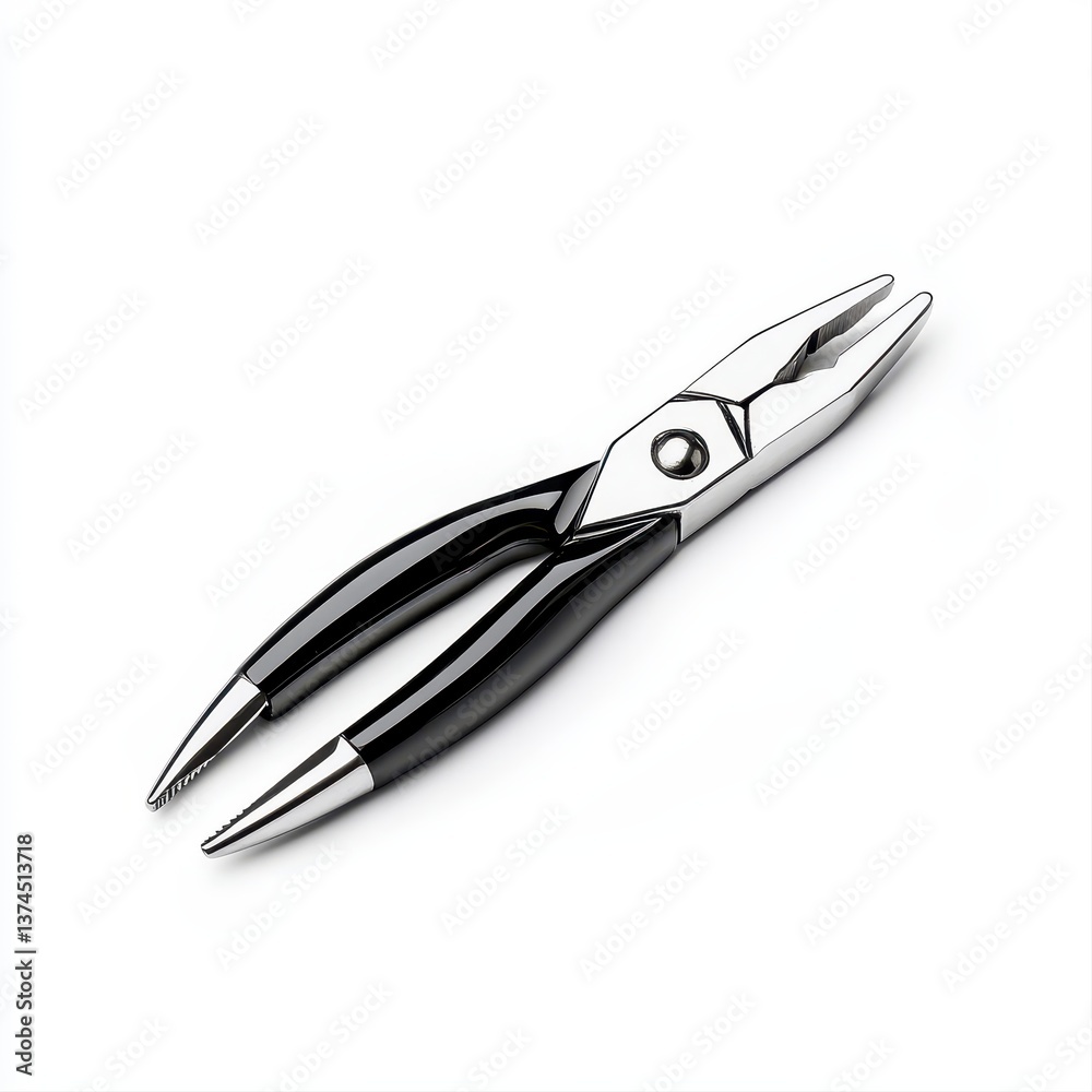 Close-up view of sleek black-handled pliers with silver metallic jaws on a pristine white background highlighting their design and craftsmanship features Close-up view of sleek black-handled pliers with silver metallic jaws on a pristine white background highlighting their design and craftsmanship features